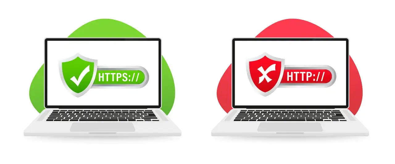 Zwei Laptops: einer mit gr&uuml;nem Schild und HTTPS (sicher), der andere mit rotem Schild und HTTP (unsicher). Dies illustriert die pharming definition, bei der Nutzer auf gef&auml;lschte Seiten umgeleitet werden.