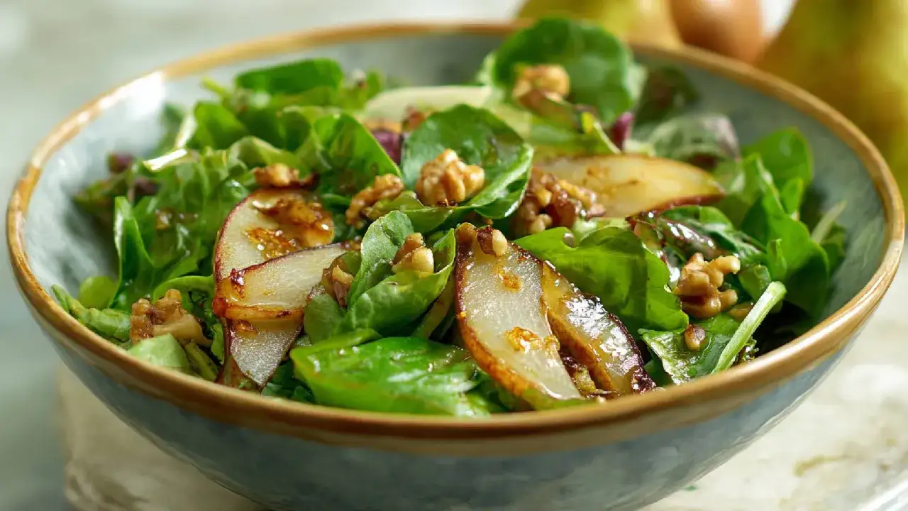 Feldsalat mit karamellisierten Birnen und Walnüssen, ein festlicher Genuss für Weihnachten.