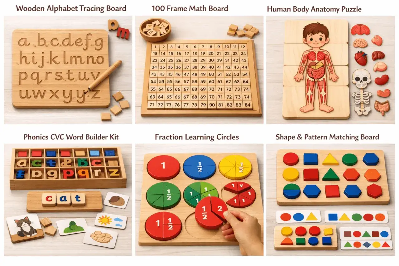 Montessori toys vs regular toys: wooden alphabet tracing, math, anatomy, phonics, fraction, and shape boards offer hands-on learning.