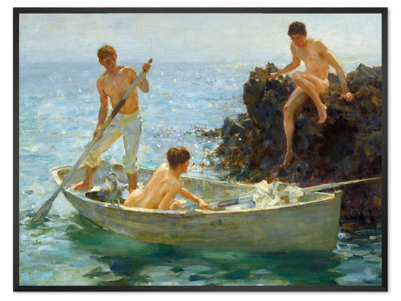 Three young men in a rowboat, a scene reminiscent of Henry Scott Tuke paintings, enjoy a sunny day by the sea.