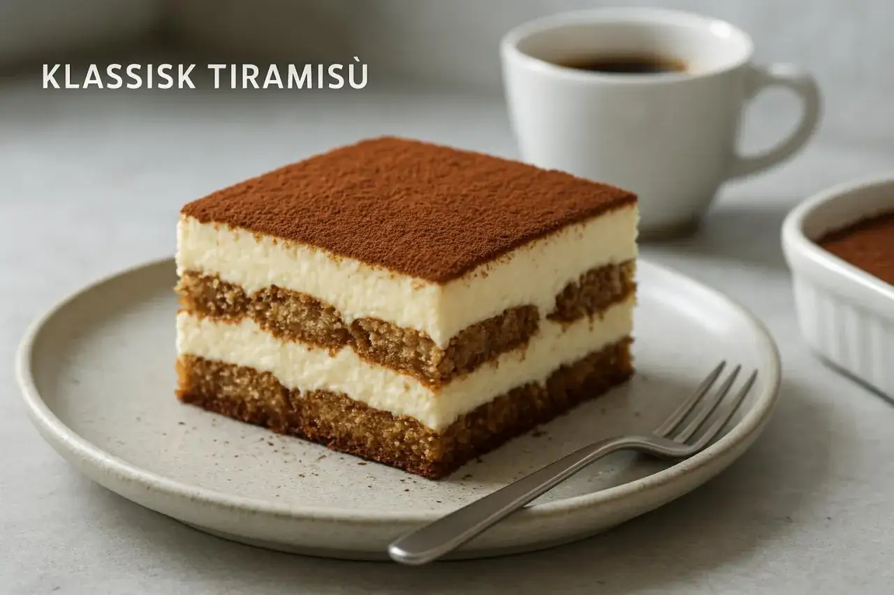 Klassisk tiramis&ugrave; p&aring; en tallrik, perfekt f&ouml;r ett enkelt tiramisu recept. En kopp kaffe i bakgrunden.