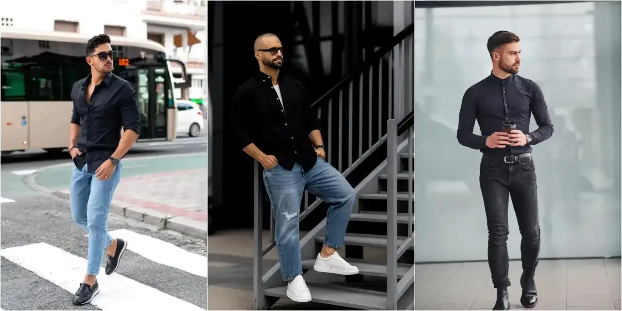 Drei Männer zeigen, wie man ein schwarzes Hemd kombinieren kann: lässig mit Jeans und Sneakern oder schick mit dunkler Hose und Stiefeln.
