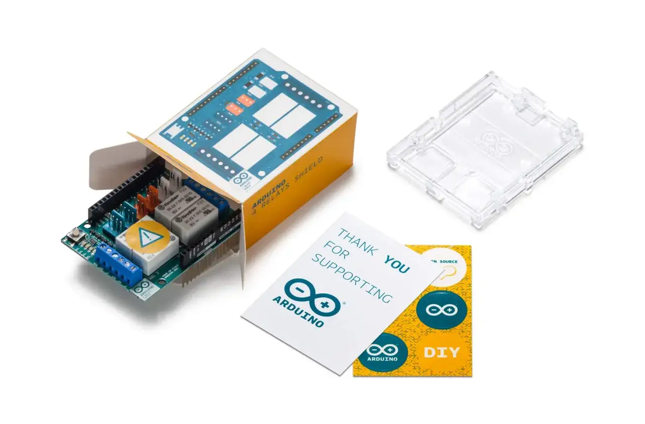 Shield Arduino 4 Relays per progetti Arduino, con scatola, custodia trasparente e biglietto di ringraziamento.
