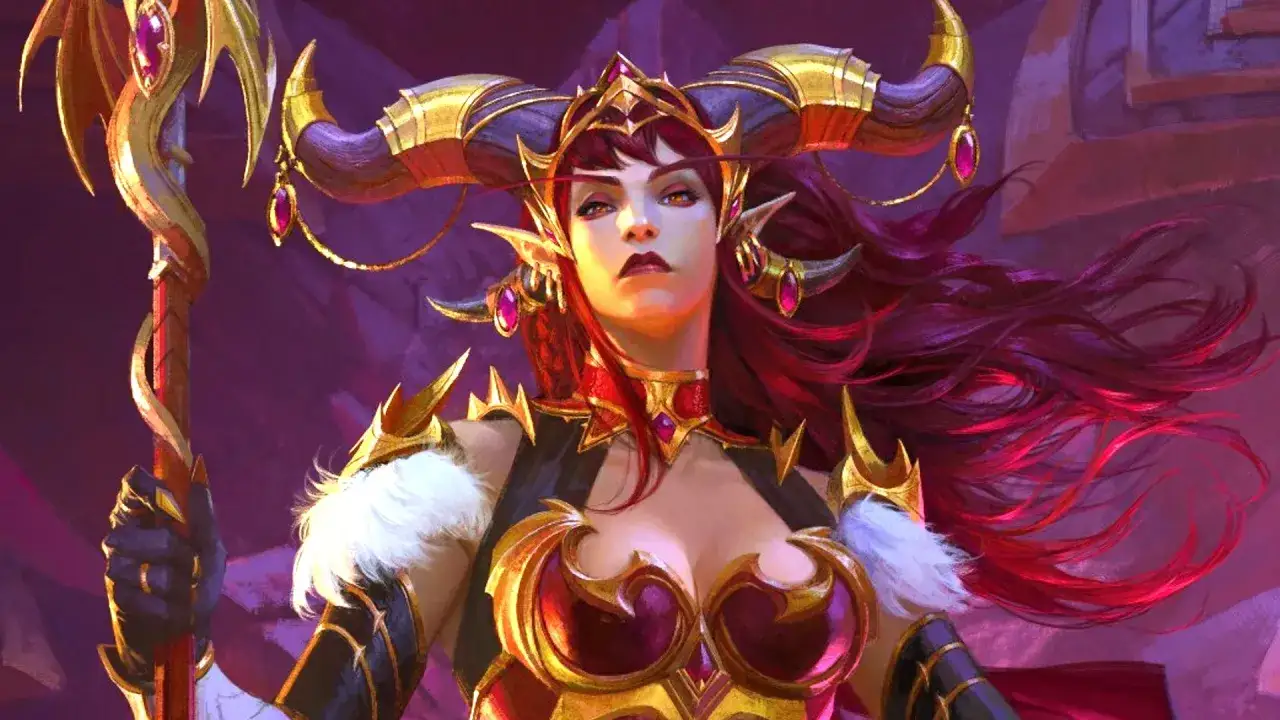 Potężna kobieta z rogami i złotą zbroją, jak z najlepszych gier mmorpg.