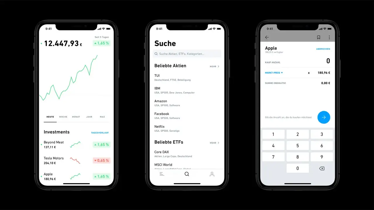 Trade Republic Quartalsbericht: &Uuml;bersicht &uuml;ber Investments, Suche nach Aktien/ETFs und Kaufabwicklung f&uuml;r Apple-Aktien.
