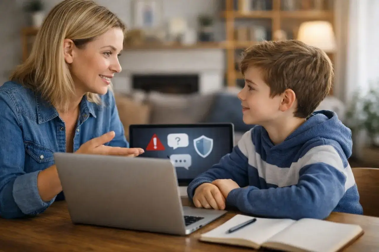 Mama rozmawia z synem o bezpieczeństwie dziecka w internecie. Na ekranie laptopa widoczne są ikony ostrzeżenia i tarczy.