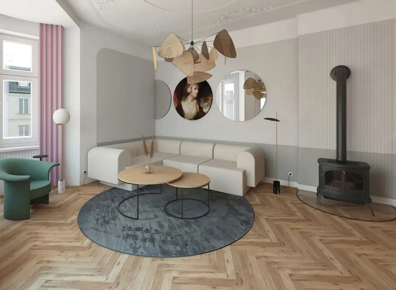 Nowoczesny salon z kozą, gdzie biała kanapa i okrągłe stoliki tworzą przytulną przestrzeń. Aranżacje z kozą dodają ciepła.