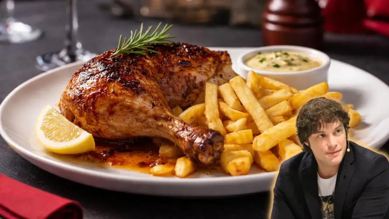 Un hombre mira un delicioso pollo al ast con papas fritas y limón.