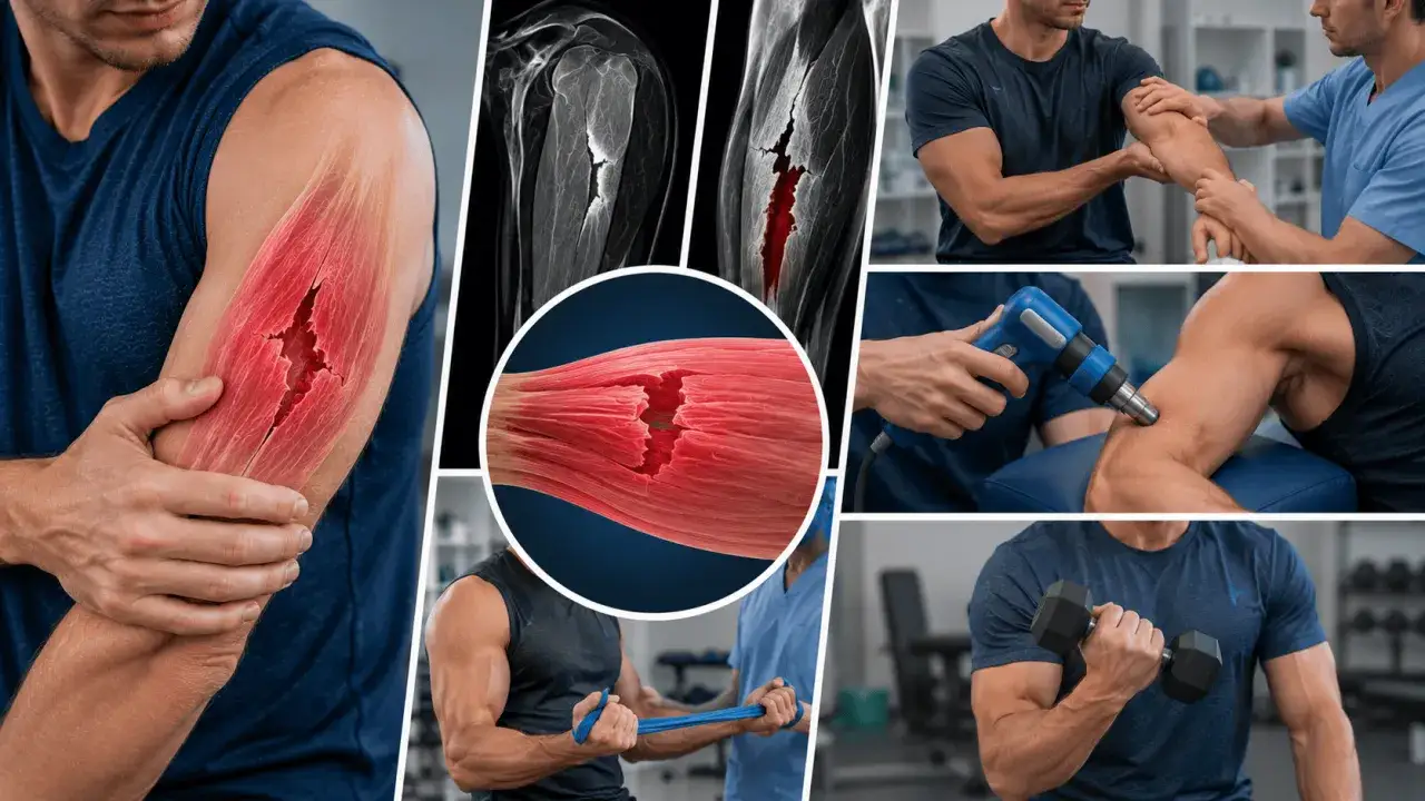 Un homme souffre d'un muscle froiss&eacute; au bras, illustr&eacute; par des images m&eacute;dicales et des s&eacute;ances de r&eacute;&eacute;ducation.