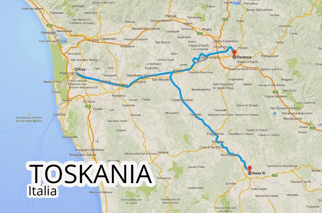 Mapa Toskanii z zaznaczoną trasą od Pizy do Sieny, pokazująca główne miasta i lotnisko Florencja.