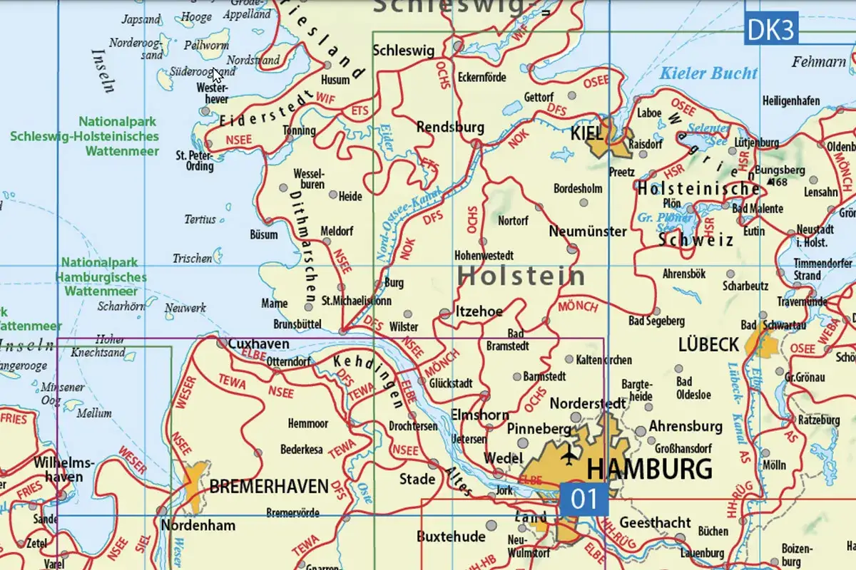 Nordseek&uuml;ste und Hamburg: Ideal f&uuml;r Fahrradtouren Deutschland. Karte zeigt Nationalparks Wattenmeer, Elbe und Nord-Ostsee-Kanal.
