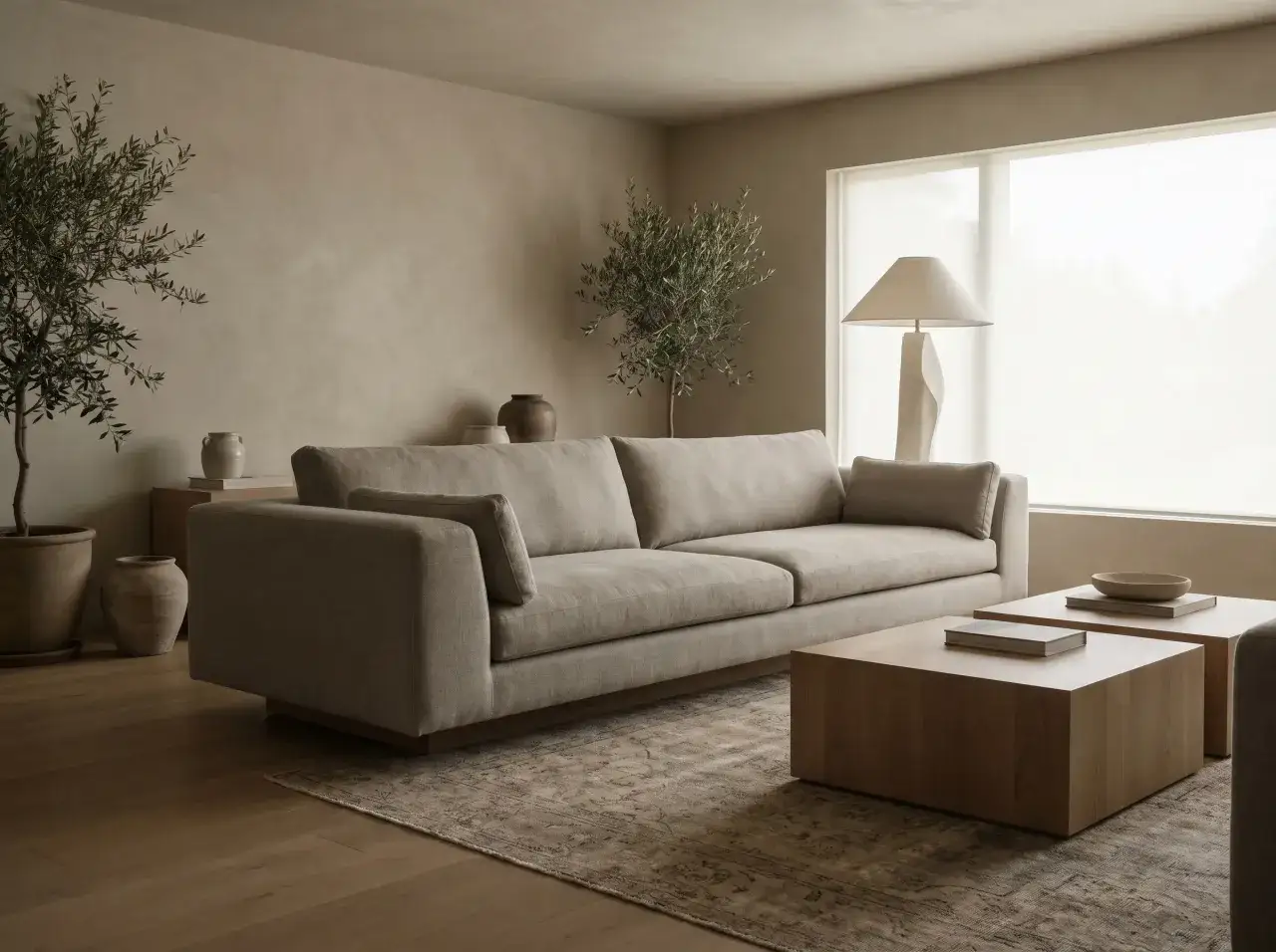 Gemütliches Wohnzimmer mit einem beigen Sofa, Holztischen und Pflanzen. Der Teppich im **millennial grey** Stil ergänzt die erdigen Töne.