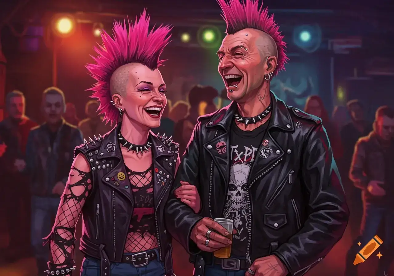 Para punkowa z różowymi irokezami, w skórzanych kurtkach, śmieje się na koncercie.