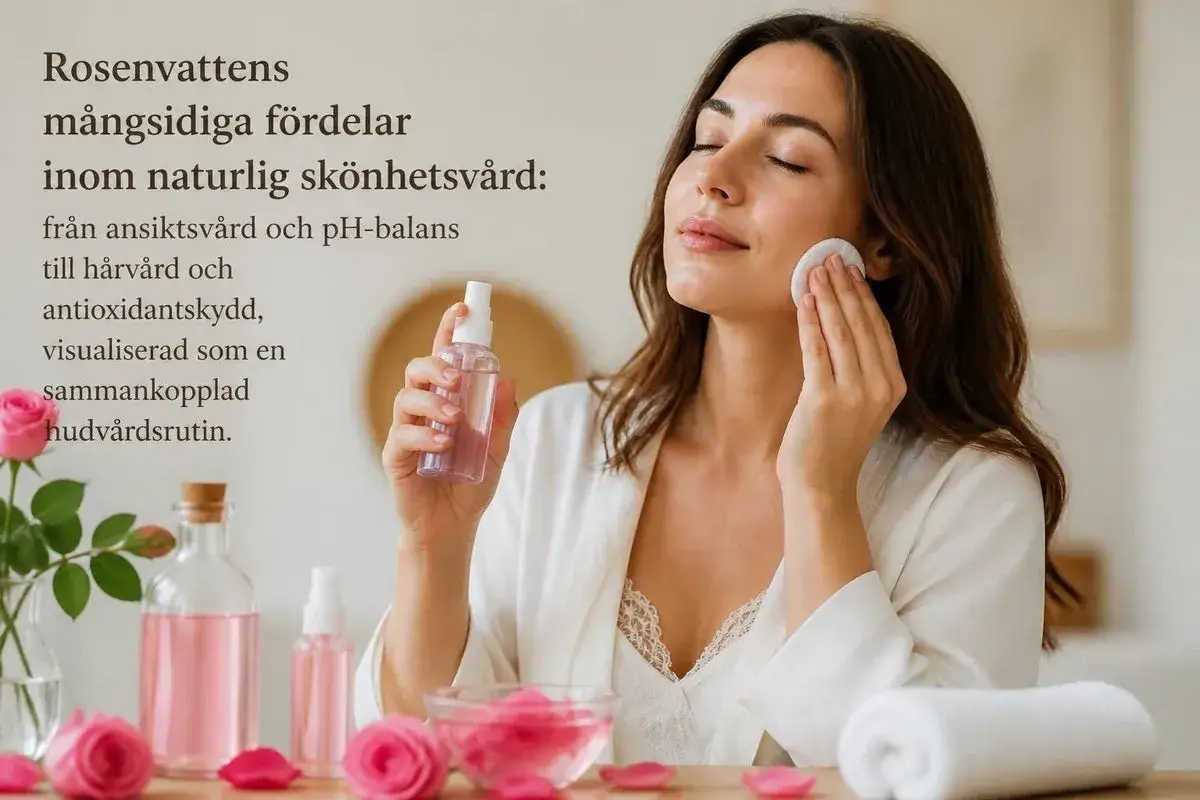Kvinna applicerar rosenvatten med bomullspad. Flera flaskor med rosenvatten och rosor i f&ouml;rgrunden.