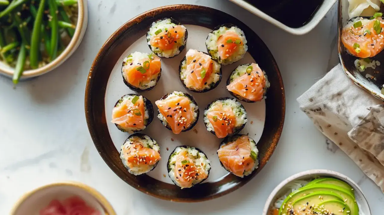 Mini sushi z łososiem i ryżem, posypane sezamem i szczypiorkiem. Idealne co zamiast tortu urodzinowego!
