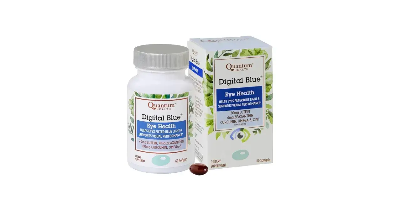 Quantum Health Digital Blue ögontabletter. Hjälper ögonen filtrera blått ljus, kan minska blå ögon biverkningar.