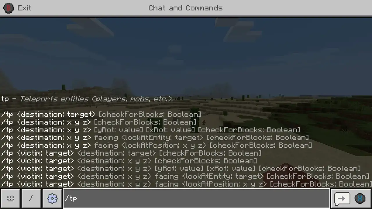 Wpisujesz czity do Minecrafta, komendy /tp do teleportacji graczy i mobów w pustynnym świecie.