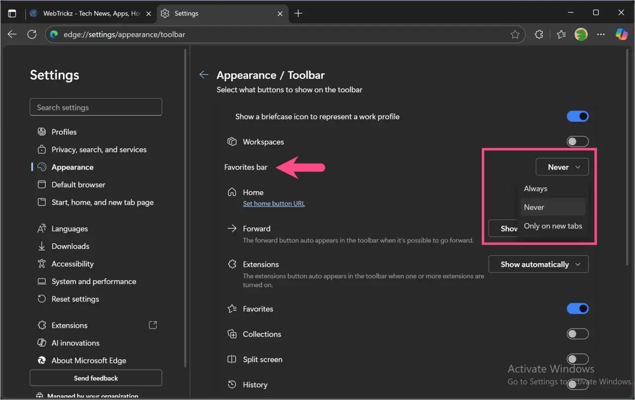 Einstellungen in Edge: Favoritenleiste anzeigen. Hier wählst du, ob deine Favoritenleiste immer, nie oder nur auf neuen Tabs angezeigt wird.