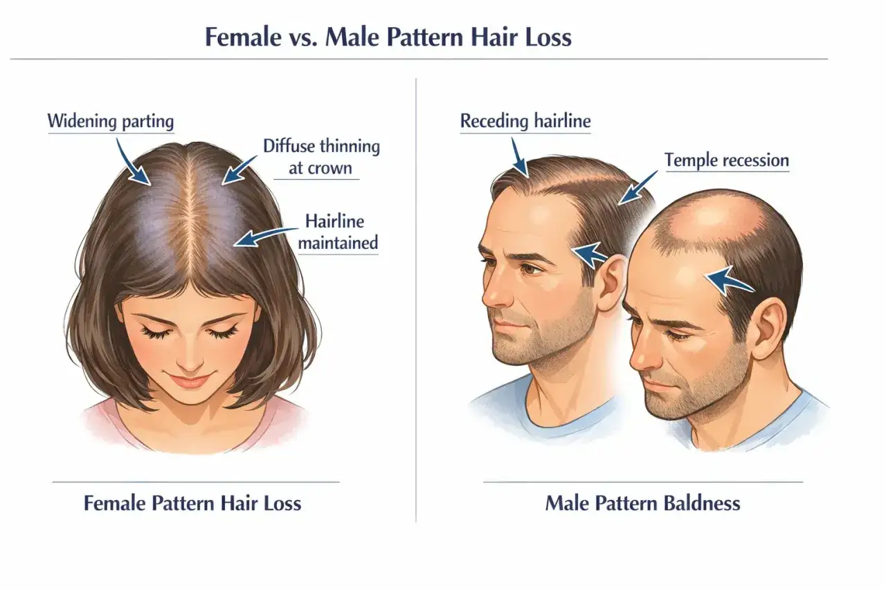 Ilustración compara pérdida de cabello femenina (alopecia androgenica tipo difusa) y masculina (entradas, coronilla).