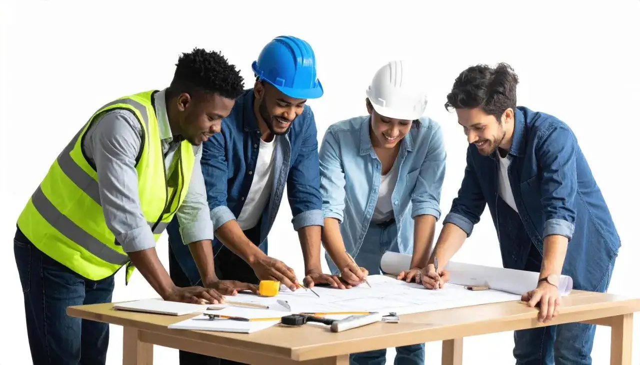Equipo diverso de ingenieros y arquitectos colaborando en un plano, definiendo el plan de operaciones para un nuevo proyecto.