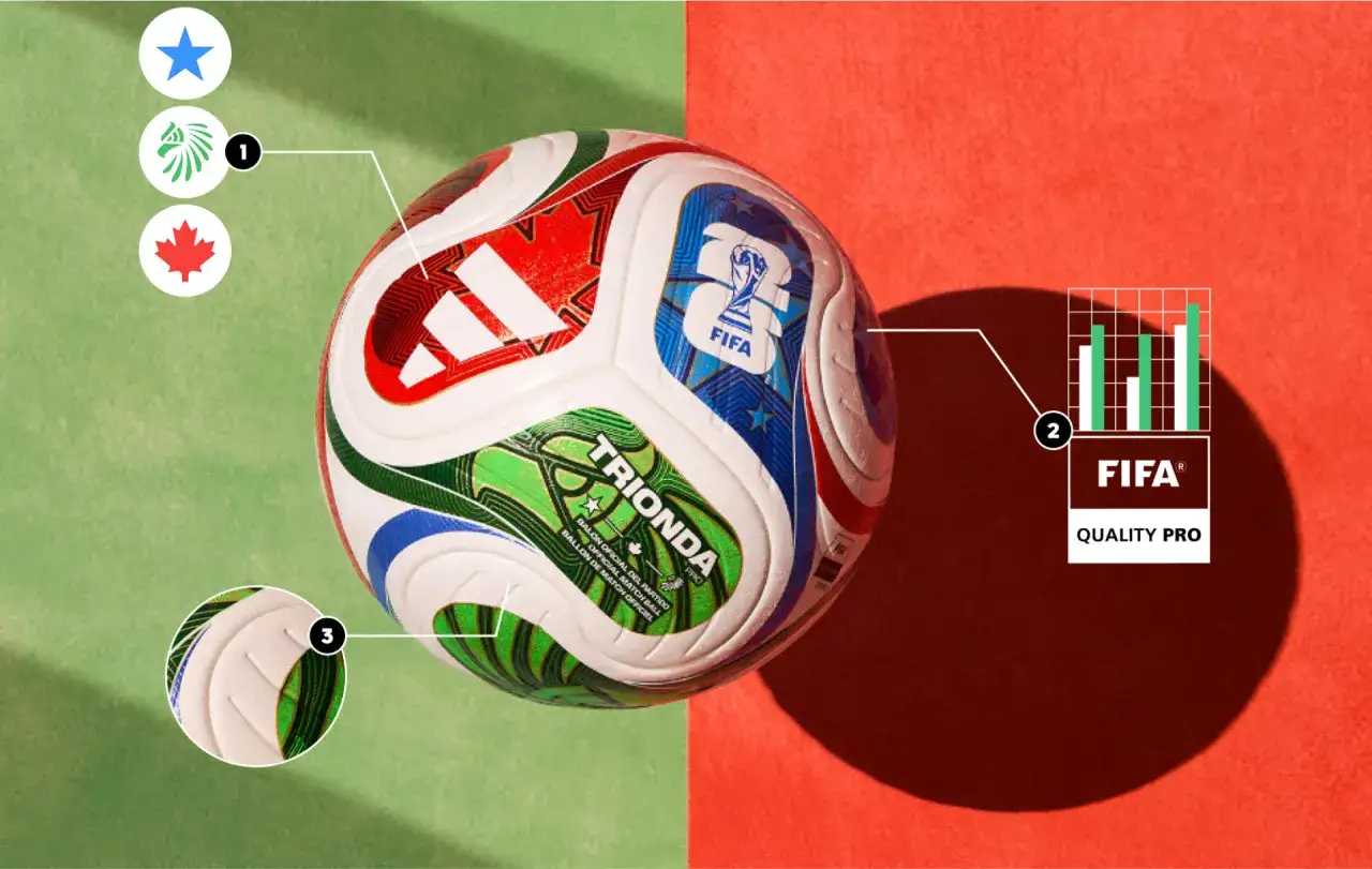 Kolorowa piłka na mundial, z oznaczeniami FIFA Quality Pro i detalami konstrukcji.