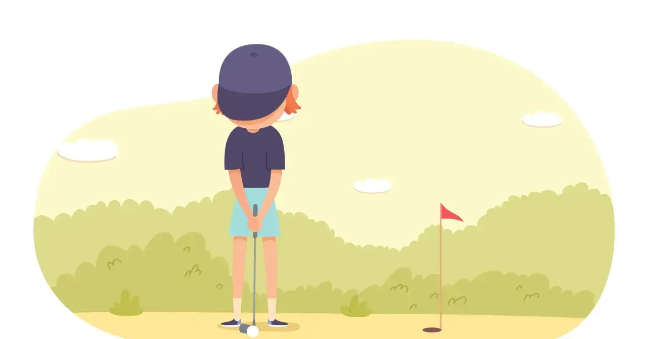 Dziecko z kijem golfowym i piłką, gotowe do uderzenia. Zagadka kij i piłka wyjaśnienie: kosztują razem 1.10 zł, kij jest o 1 zł droższy od piłki.