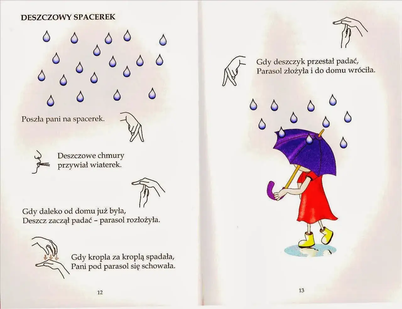 Zabawy paluszkowe przedszkole: pani na spacerze, deszcz, parasol. Ilustracje pokazują krople deszczu, wiatr, rozkładanie parasola i powrót do domu.
