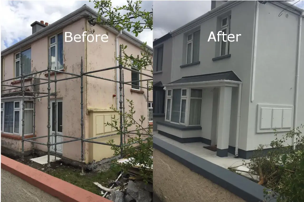 Avant/après : ravalement de façade d'une maison. L'isolation extérieur a transformé l'aspect de la bâtisse.