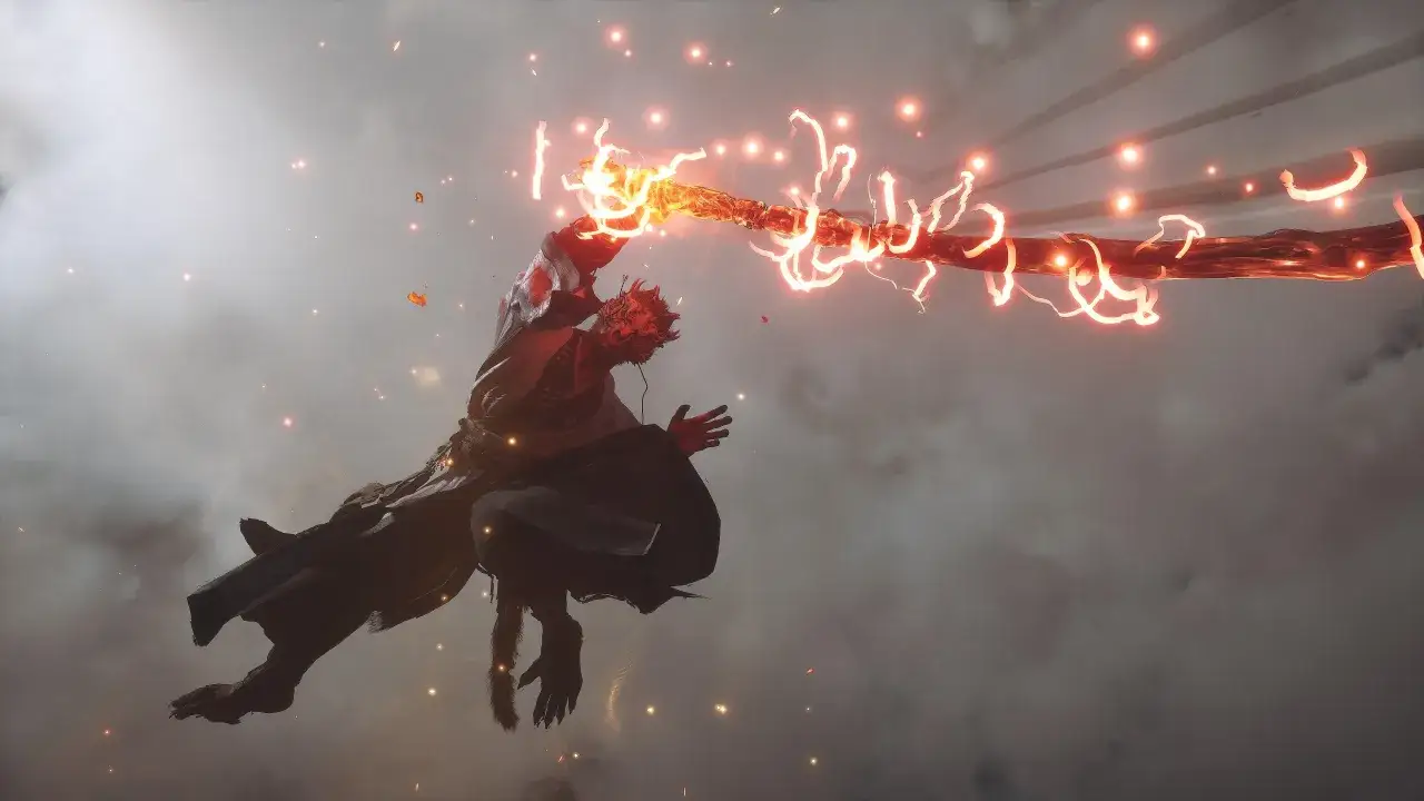 El Rey Mono de Black Myth Wukong desata un rayo de energía de su bastón dorado, rodeado de chispas y nubes.