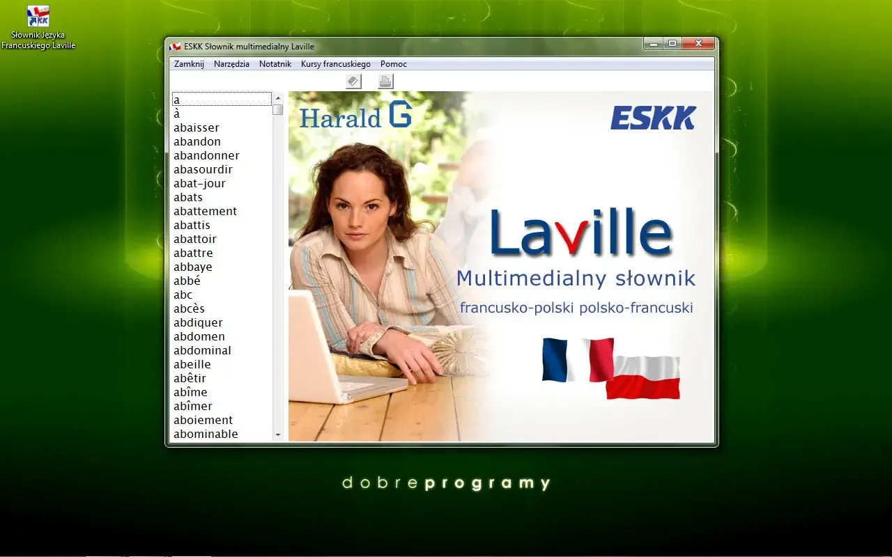 Multimedialny słownik francusko-polski Laville, z listą słów po francusku, prezentuje flagi Francji i Polski.