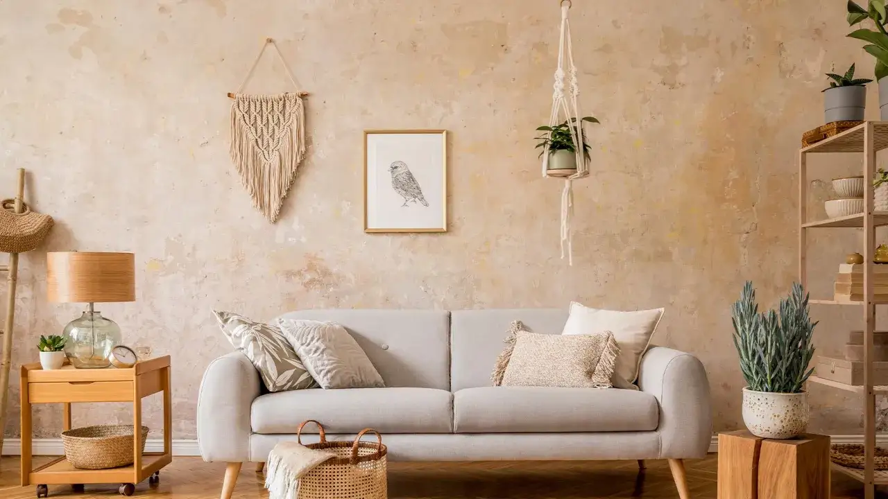 Gemütliches Wohnzimmer mit einer Wand in Wischtechnik, einem hellgrauen Sofa, Makramee-Dekoration und Pflanzen.
