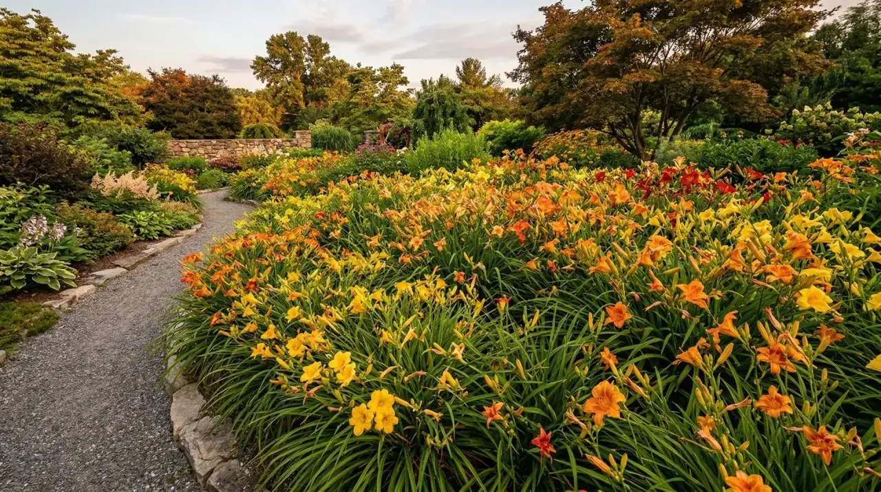 A winding path leads through a vibrant garden overflowing with yellow and orange daylilies. This lush display suggests it's the perfect time to divide daylilies for more blooms.