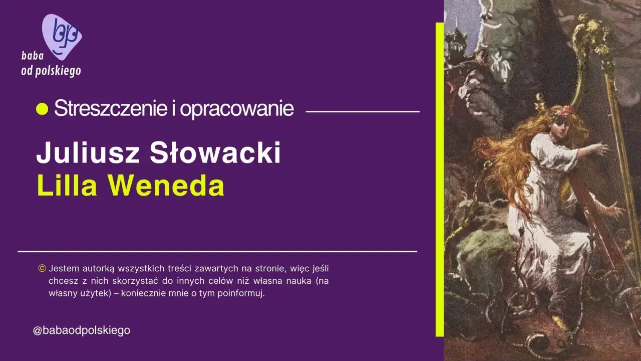 Lilla Weneda, bohaterka dramatu Słowackiego, gra na harfie wśród mrocznych, wężowych postaci.