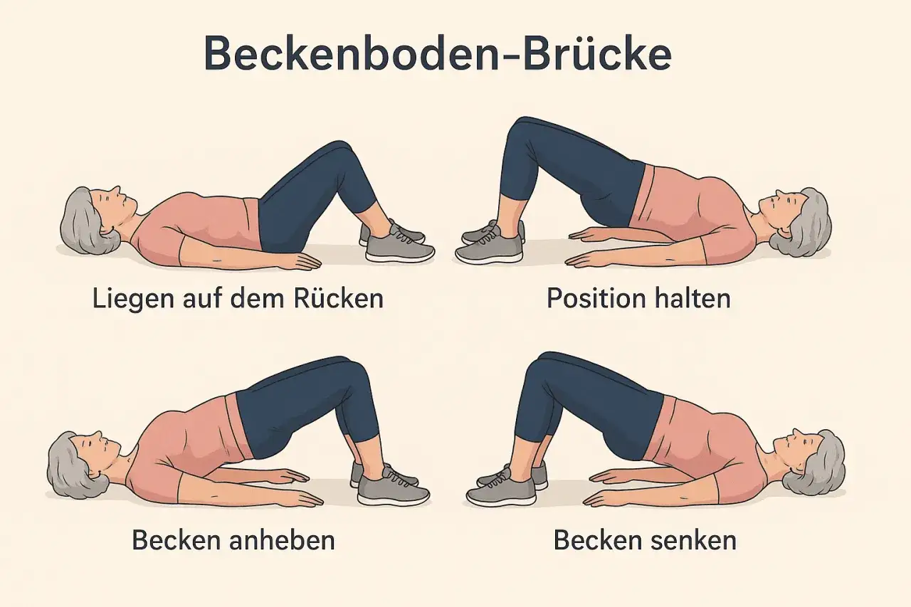 Illustration zeigt vier Schritte der Beckenboden-Brücke, einer Übung zur Stärkung des Beckenbodens.