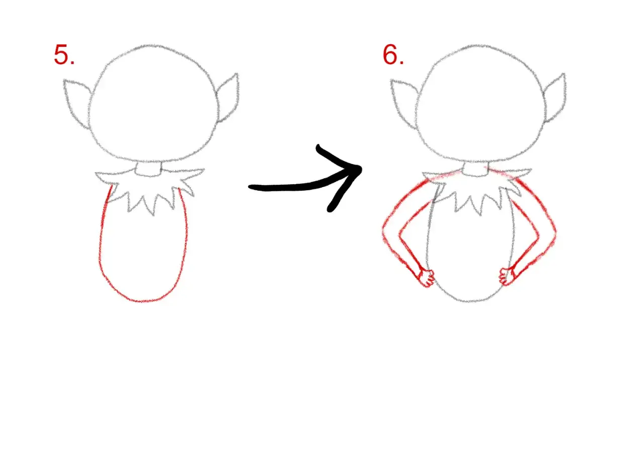 Paso 5 y 6 de un elfo dibujo facil. Se muestra cómo dibujar el cuerpo y los brazos de un elfo.