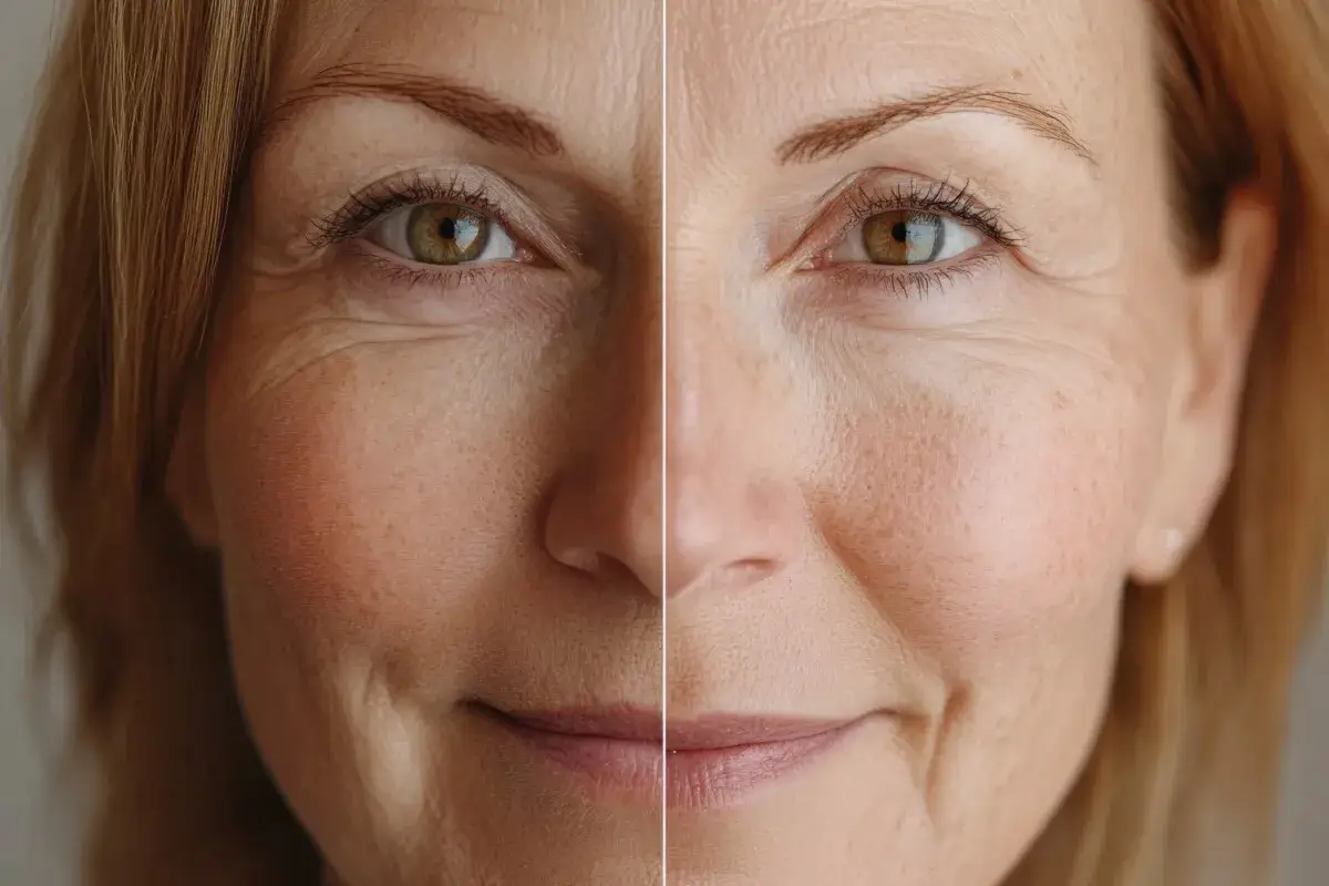 Comparaison avant/après un peeling : la peau semble plus lisse et rajeunie.