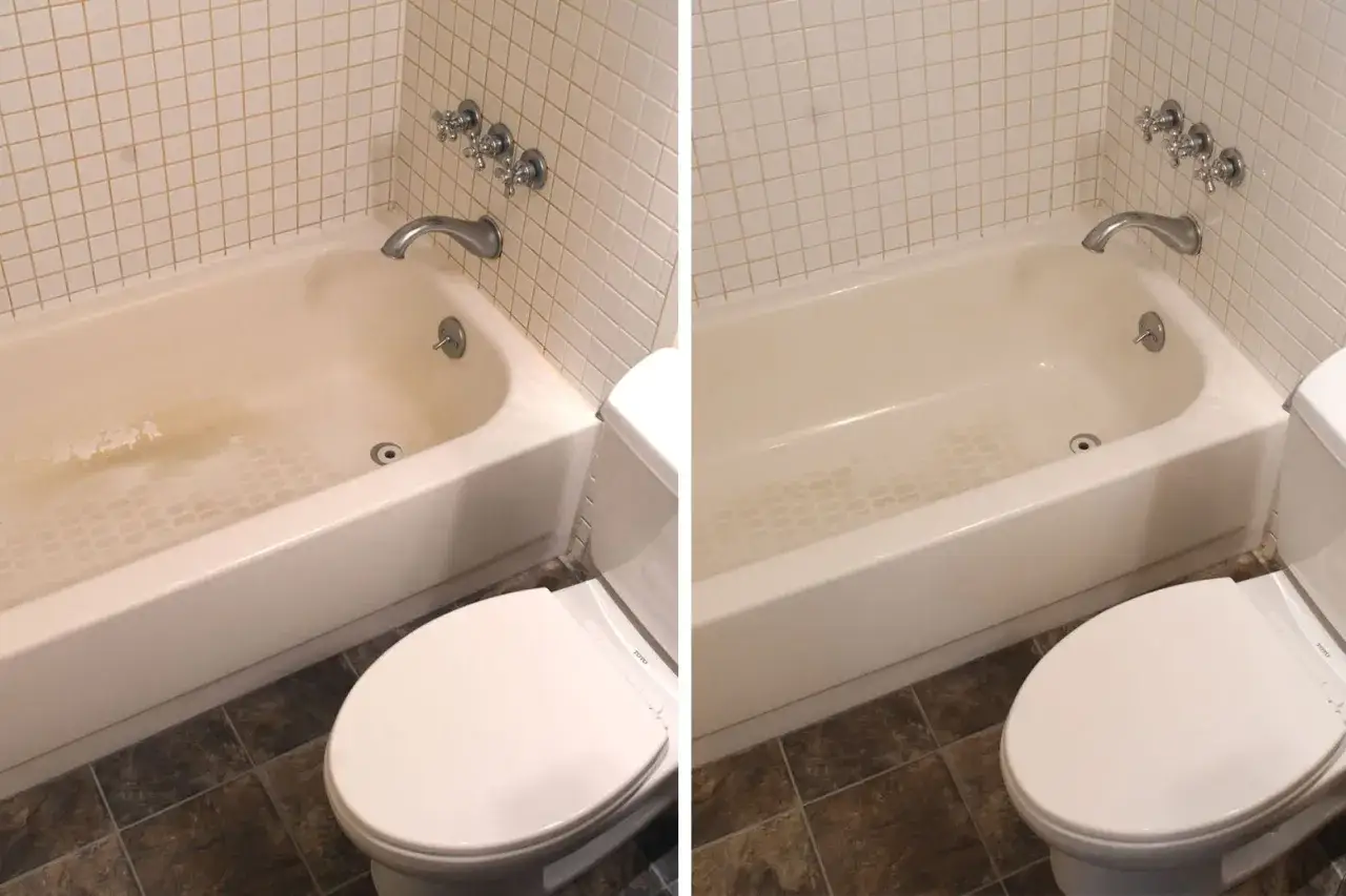 Avant/apr&egrave;s : une baignoire sale transform&eacute;e en un &eacute;clat immacul&eacute;. Le nettoyage de la salle de bain est termin&eacute; !