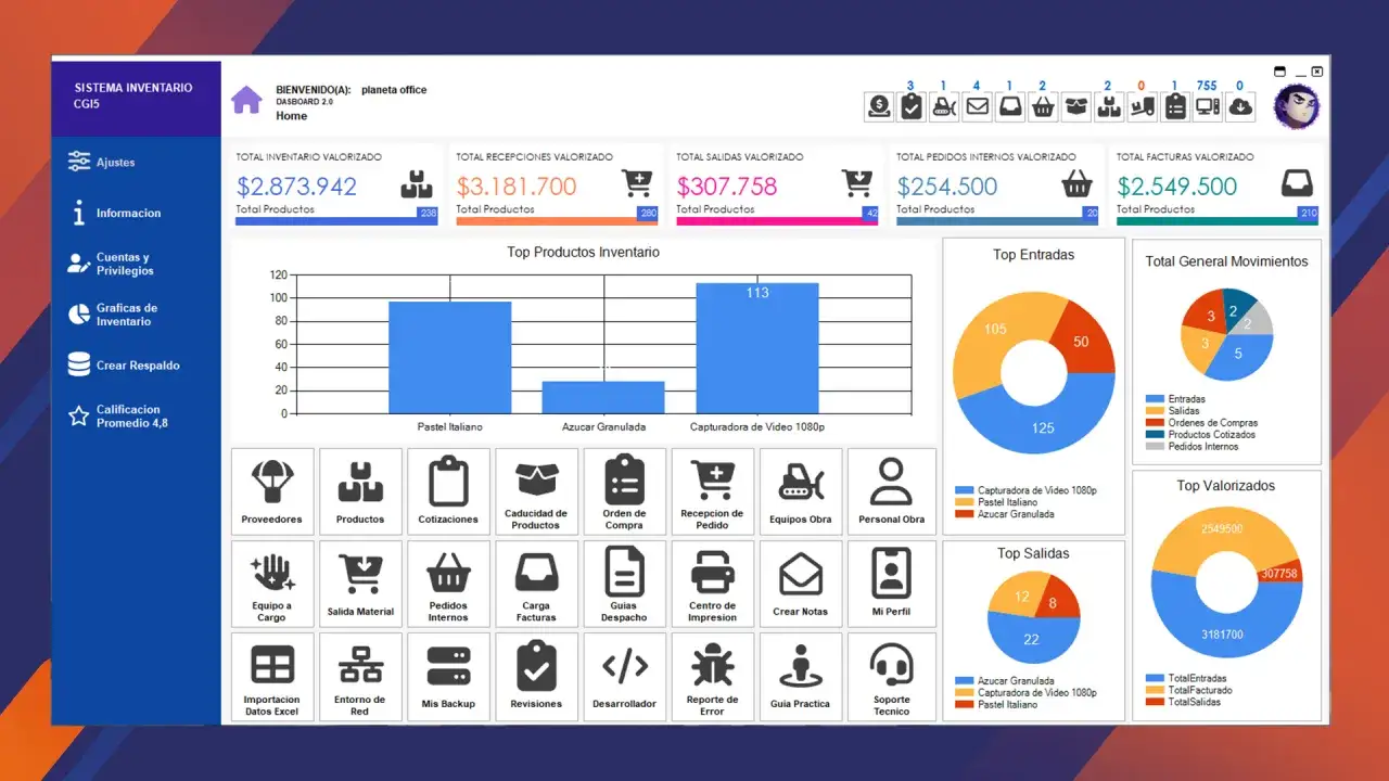 Panel de control de **gestión de inventarios** con métricas clave: valor total, recepciones, salidas, pedidos y facturas. Gráficos de productos y movimientos.