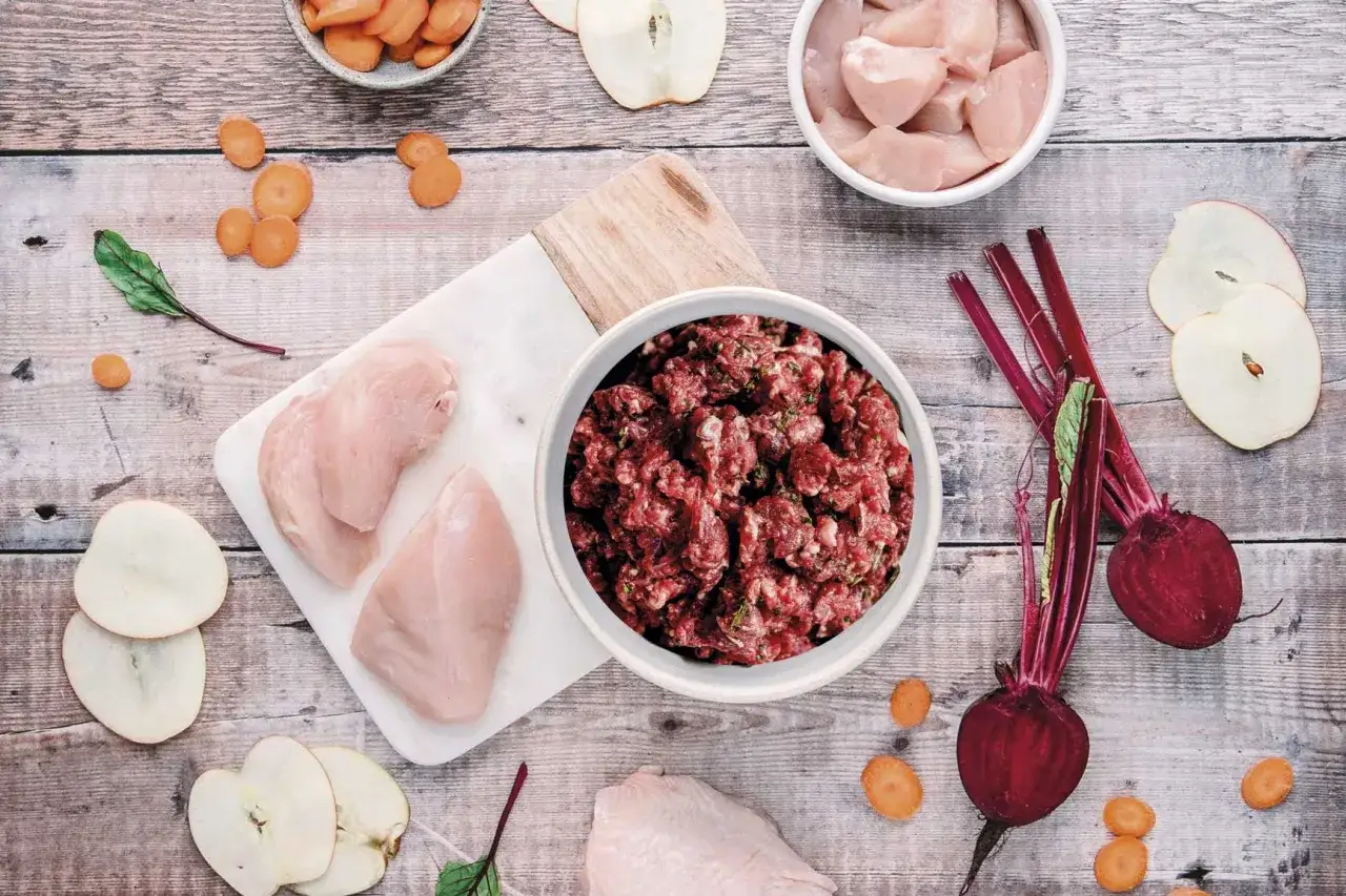 Ingredientes frescos para una dieta barf perros casera: carne picada, pechuga de pollo, zanahorias, remolachas y rodajas de manzana.
