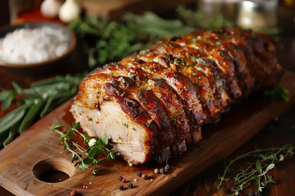 Un r&ocirc;ti de porc au four, tranch&eacute; et garni d'herbes fra&icirc;ches, sur une planche en bois.