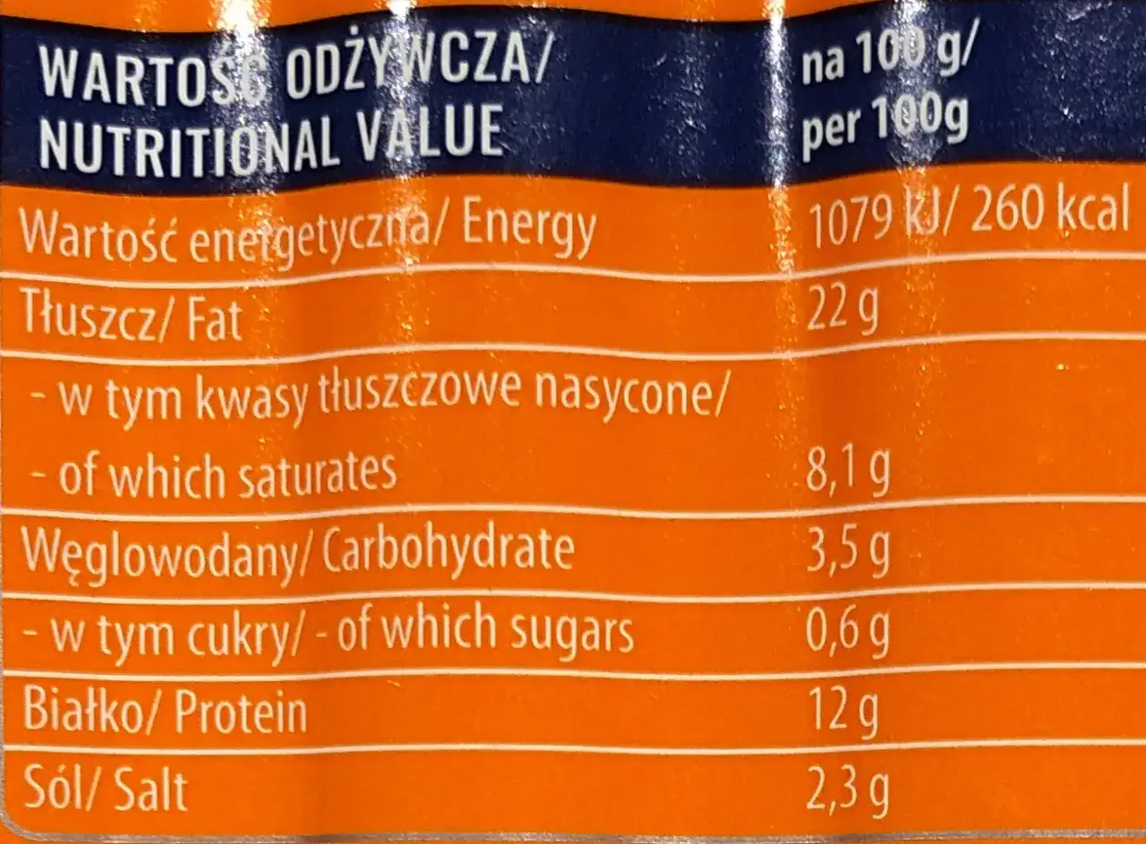 Etykieta z wartością odżywczą parówki: 260 kcal na 100g, tłuszcz 22g, białko 12g.