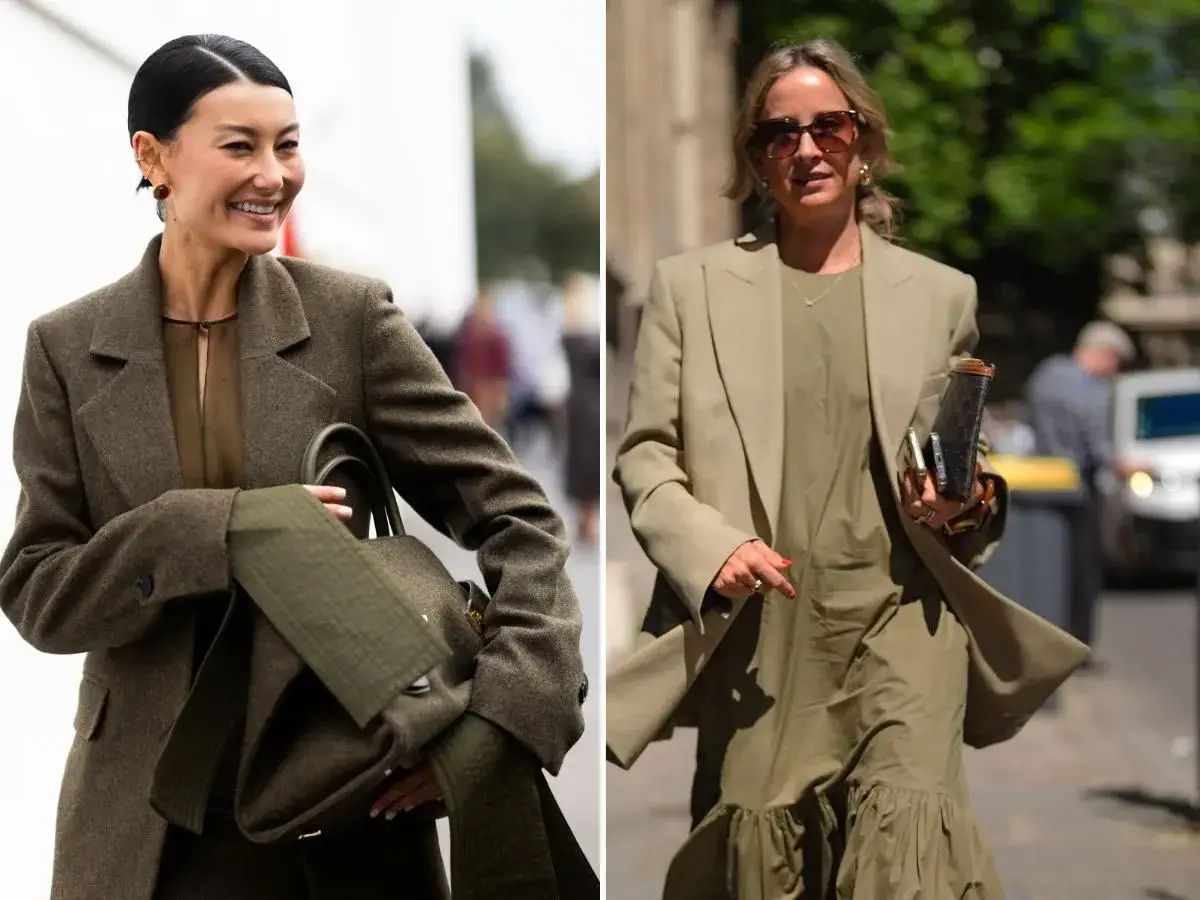 Eleganckie kolor khaki stylizacje. Dwie kobiety w modnych, monochromatycznych zestawach z dominującym odcieniem zieleni i brązu.