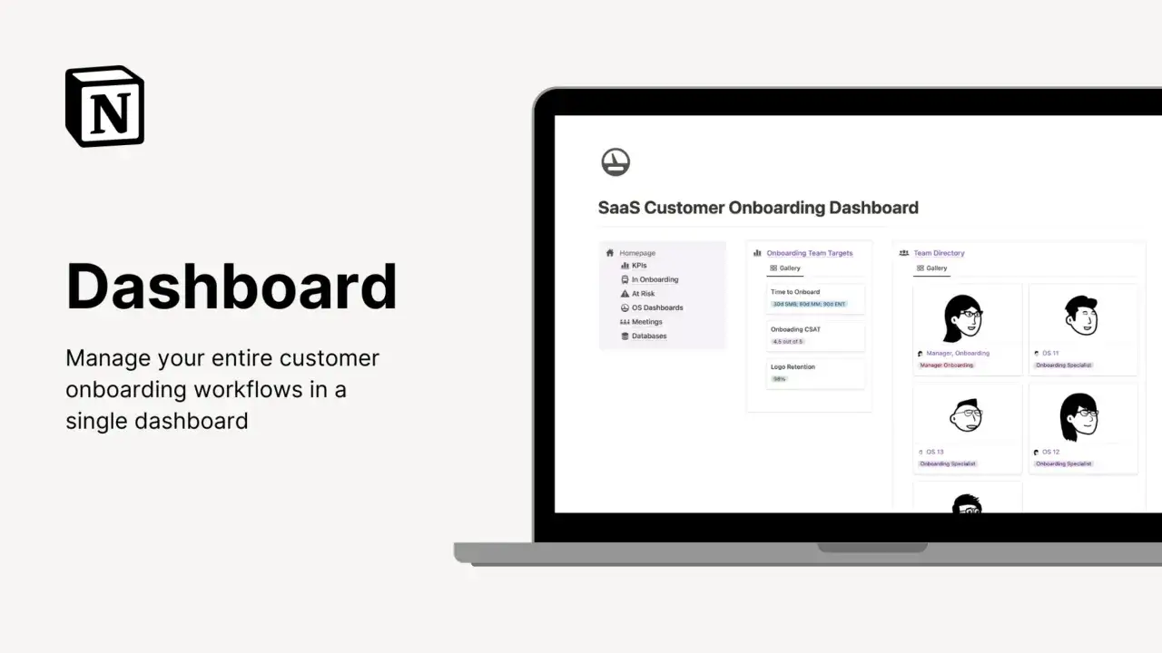 Tableau de bord SaaS pour la gestion des clients. Un custom success manager utilise ce tableau pour suivre les objectifs d'int&eacute;gration et l'&eacute;quipe.