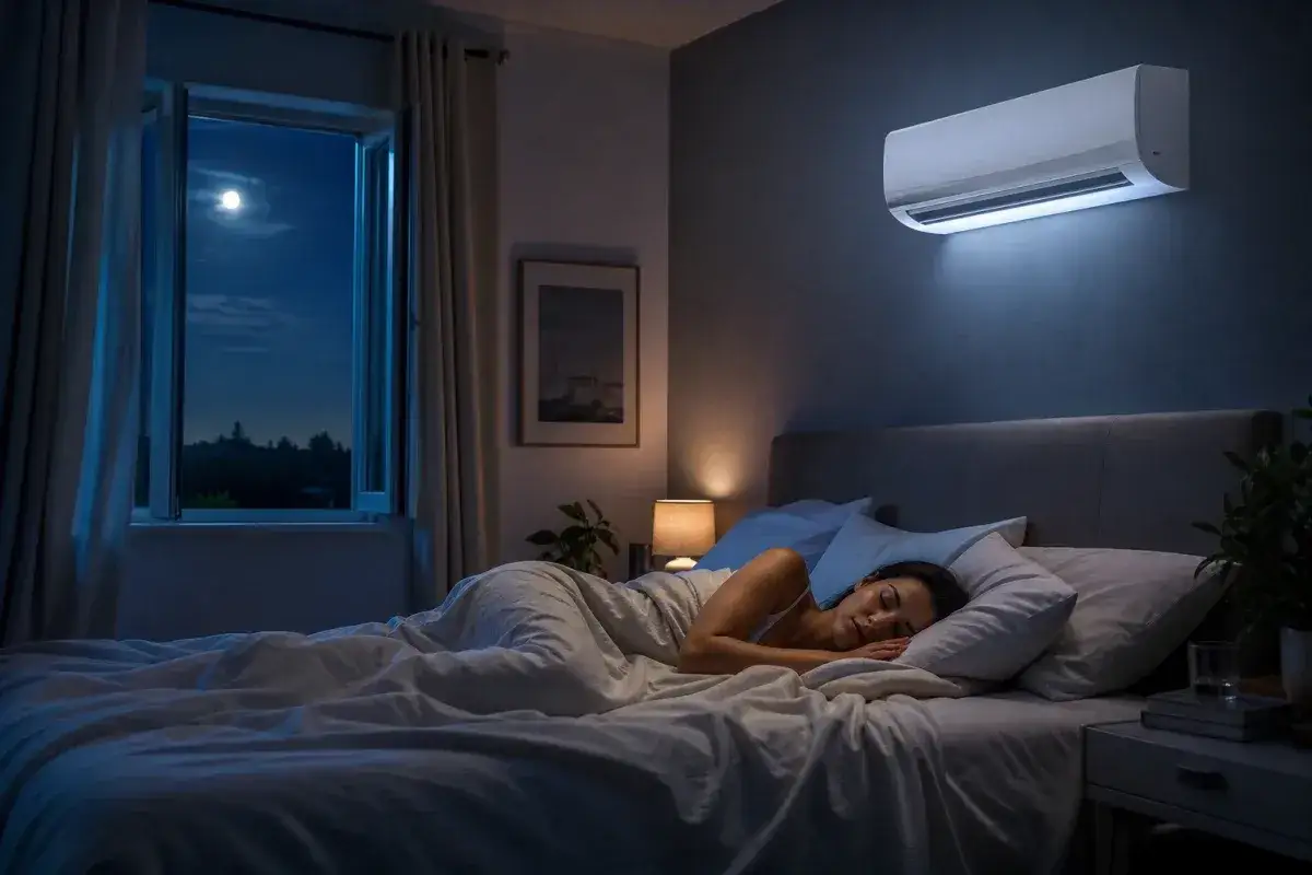 Une femme dort paisiblement sous la lune, tandis que la climatisation diffuse une douce fraîcheur. La question est : a combien mettre la clim dans une chambre pour un sommeil parfait ?