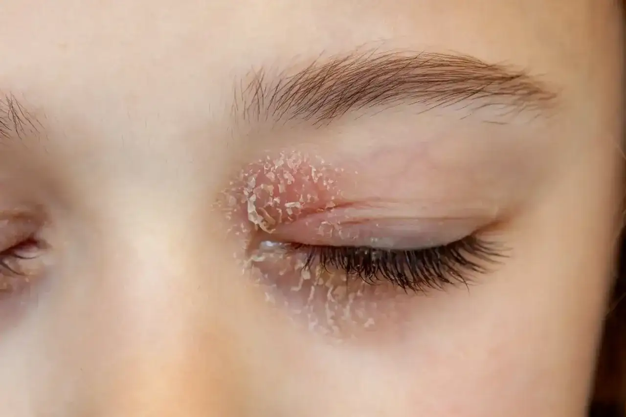 Occhi con palpebre arrossate e squamose, segno di blefarite da stress.