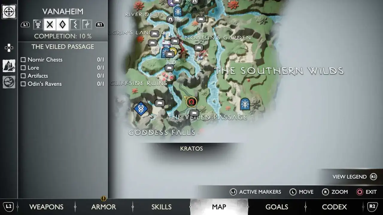 Mapa de Vanaheim en God of War Ragnarök, mostrando la zona