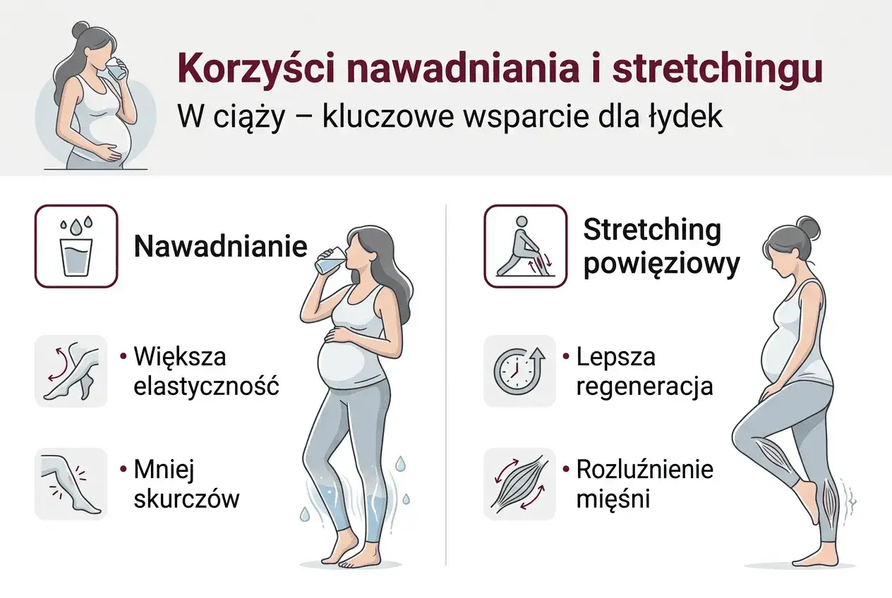 Ciąża: nawadnianie i stretching pomagają na skurcze łydek, poprawiają elastyczność i regenerację mięśni.