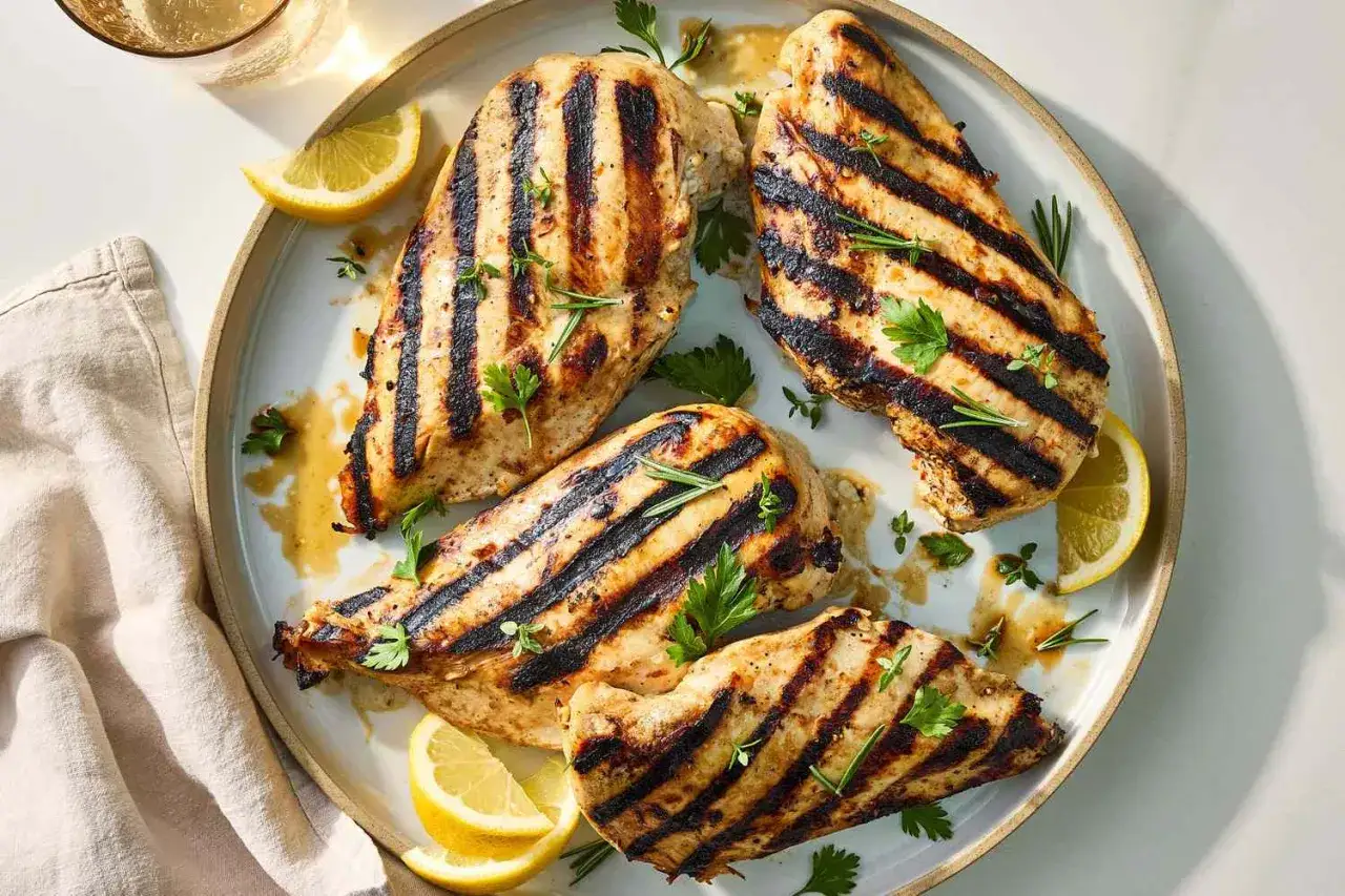 Fyra saftiga, grillade kycklingfiléer med grillränder, garnerade med citronklyftor, persilja och rosmarin. Perfekt marinera kyckling för en somrig måltid.