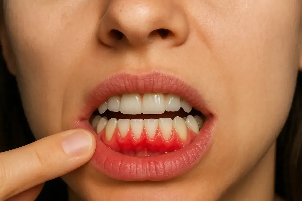 Dente con gengive rosse e gonfie, un dito indica l'infiammazione. Scopri cosa fare per gengive infiammate.