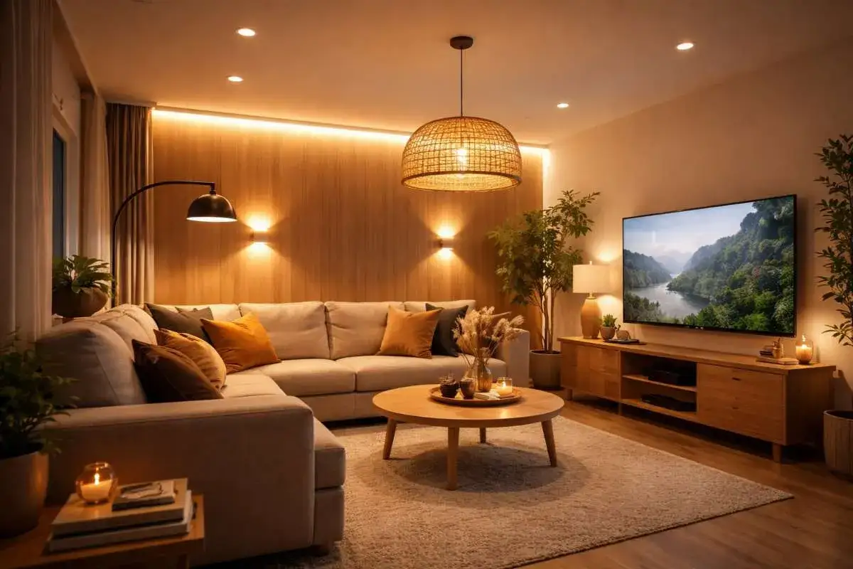 Sofá modular, mesa de centro de madera y TV en un salón con iluminación cálida, creando una atmósfera de decoración chill out interiores.
